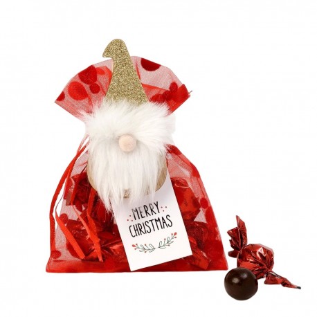 Sac en tissu rouge avec pince pour nain de Noël et 4 chocs croki 10x12cm