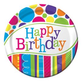 8 Platos Happy Birthday Rayas y Puntos 18 cm 8 Platos Happy Birthday Rayas y Puntos 18 cm