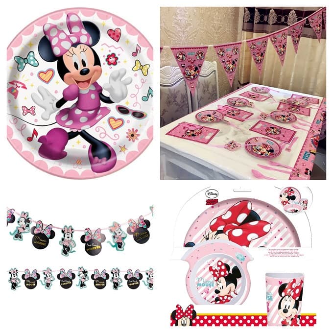 Minnie Décorations d'Anniversaire Vaisselle, Ensemble de Vaisselle de Fête Minnie Mouse 113 Pcs - Assiettes Roses Serviettes Tasses Nappe Etc Fournitures de Fête d'Anniversaire